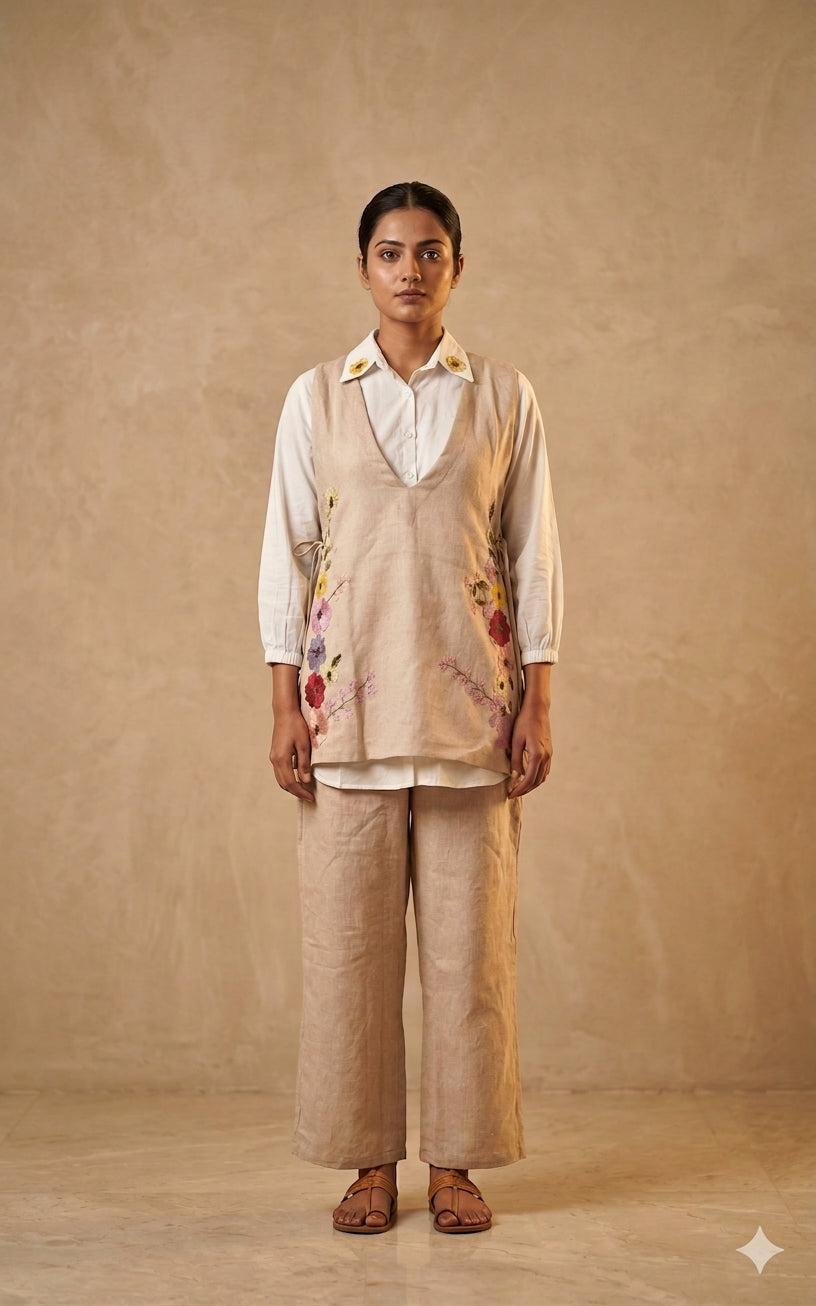 Beige Co-ord Set with Floral Embroidered Top