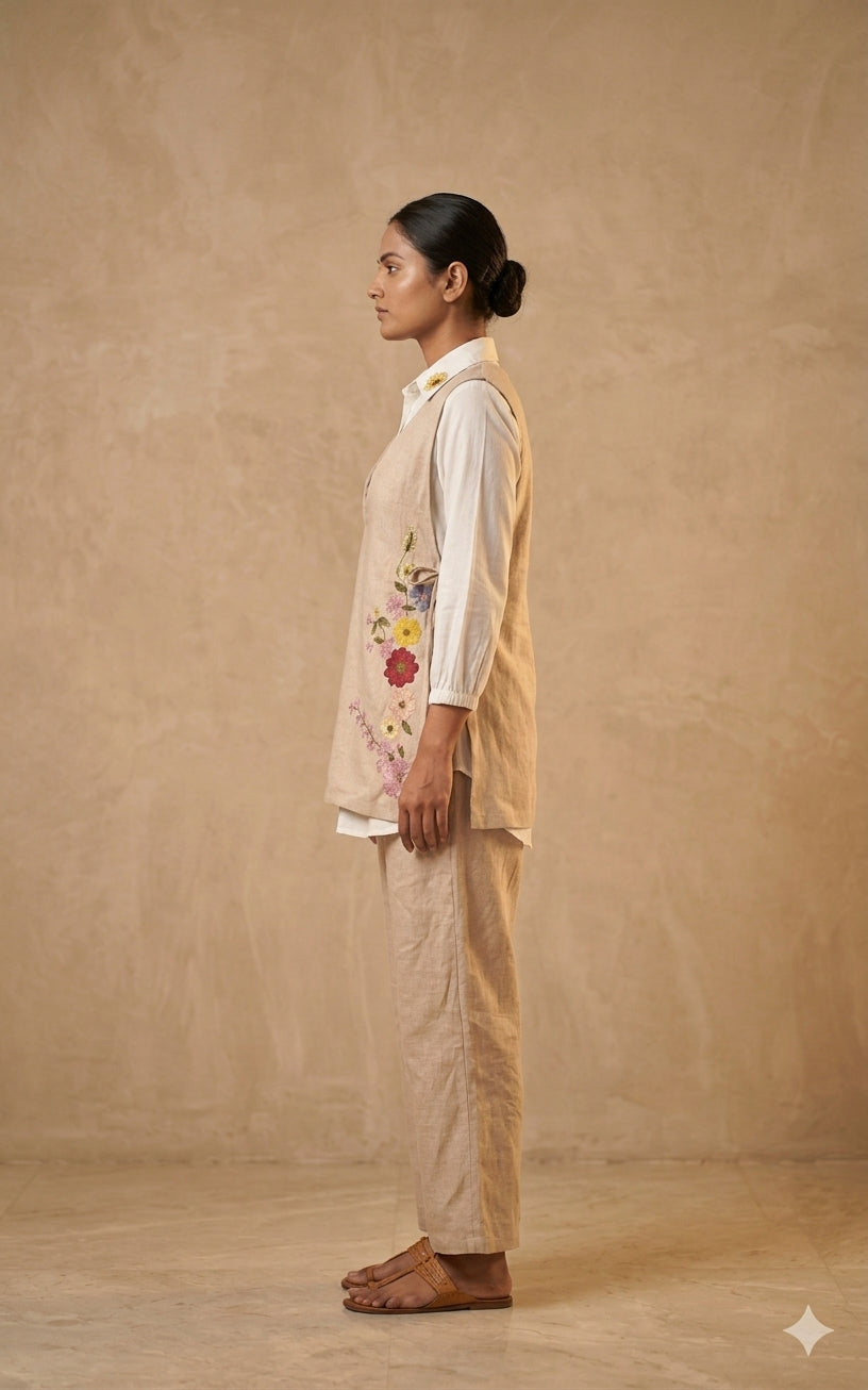 Beige Co-ord Set with Floral Embroidered Top