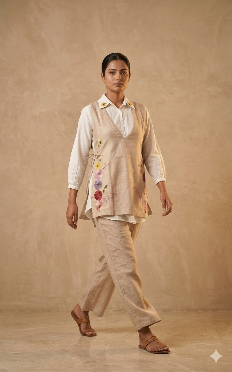 Beige Co-ord Set with Floral Embroidered Top