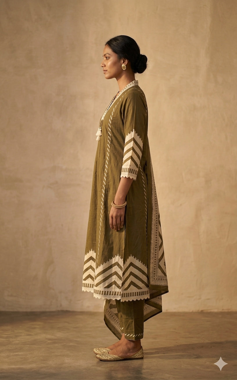 Olive Ethnic Printed Kurta Set with Dupatta