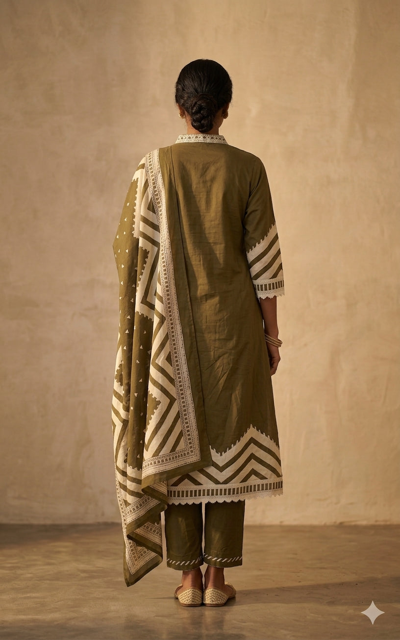 Olive Ethnic Printed Kurta Set with Dupatta
