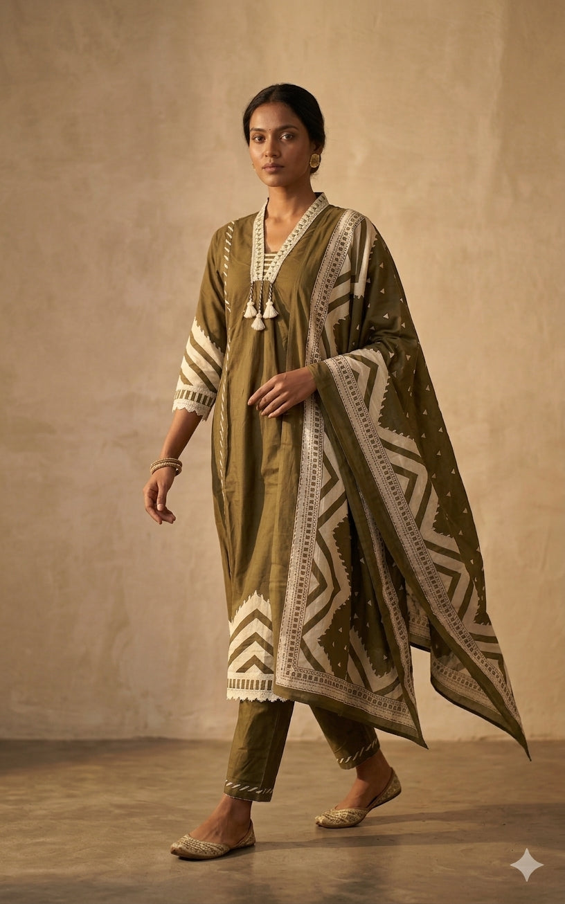 Olive Ethnic Printed Kurta Set with Dupatta