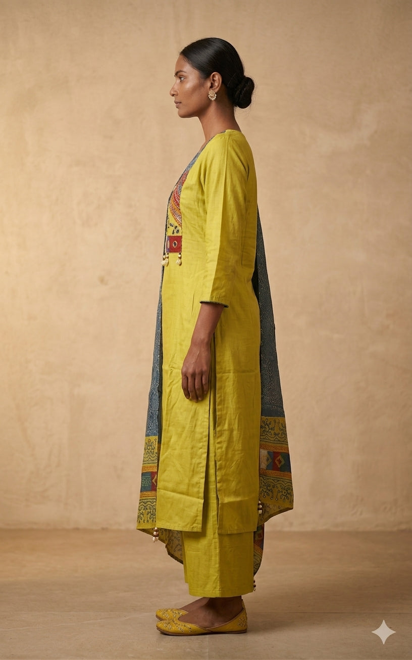 Yellow Kachi work Cotton Suit Set with Dupatta