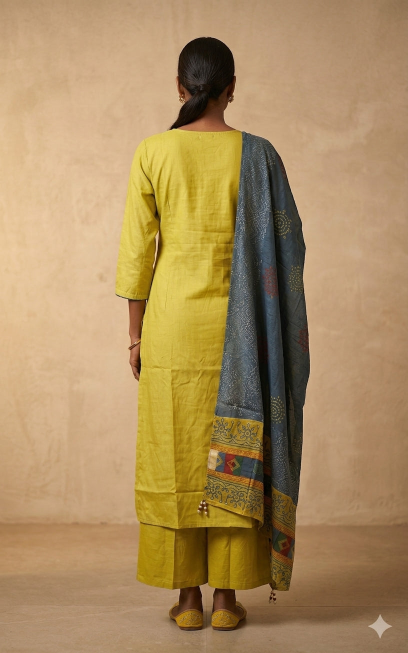 Yellow Kachi work Cotton Suit Set with Dupatta