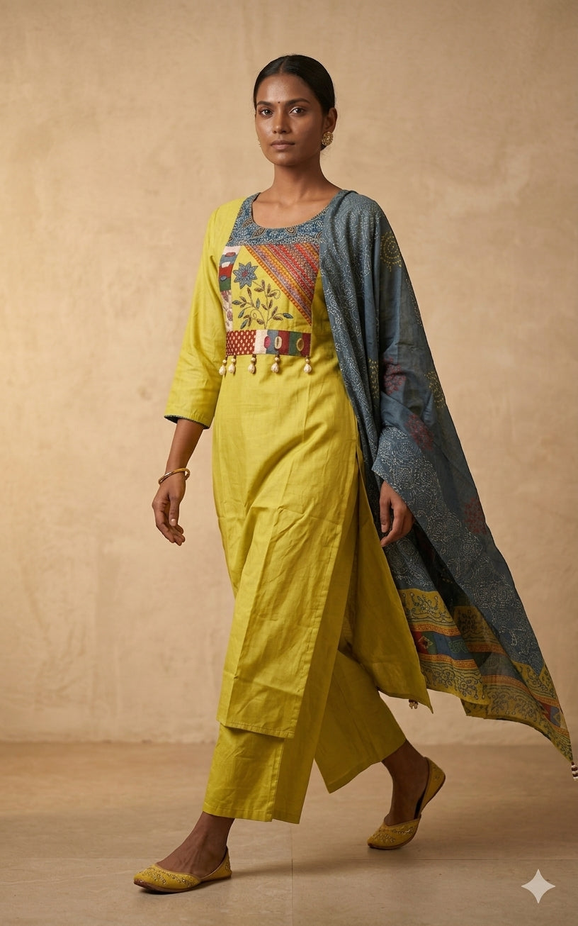 Yellow Kachi work Cotton Suit Set with Dupatta
