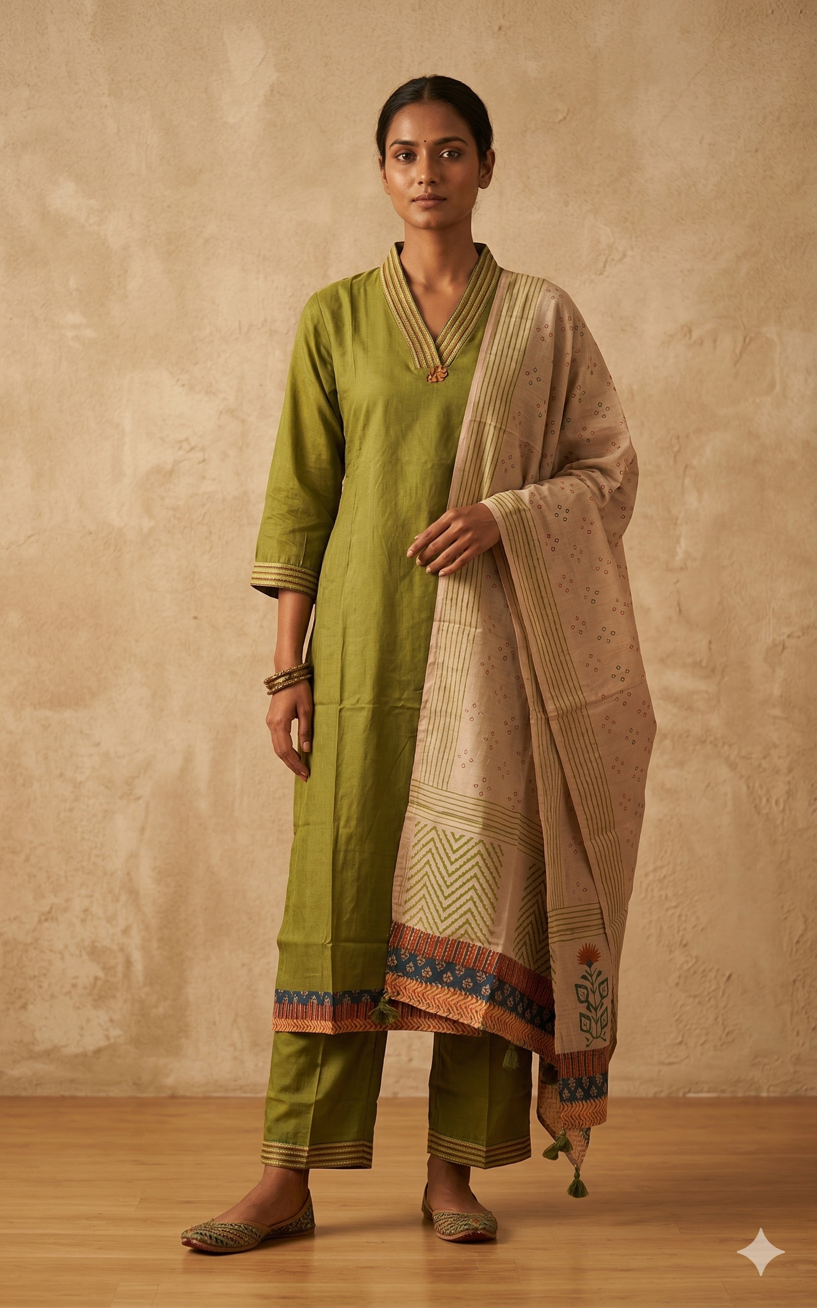 Olive Green Straight Kurta Set with Contrast Dupatta