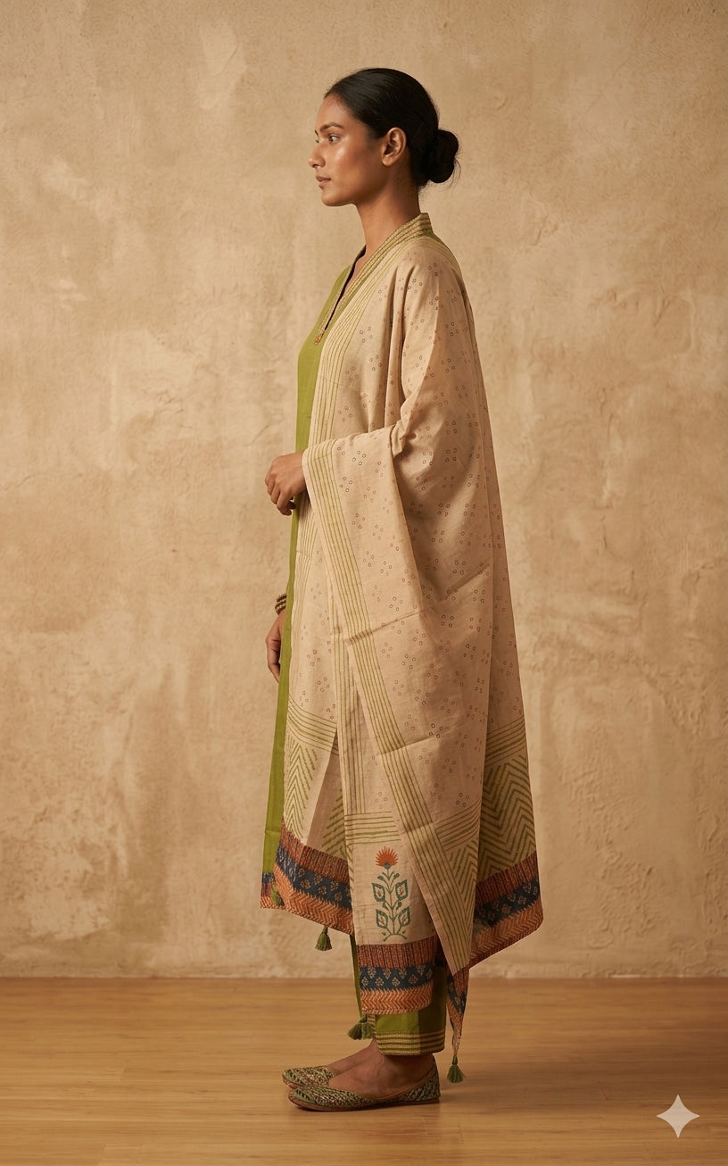Olive Green Straight Kurta Set with Contrast Dupatta
