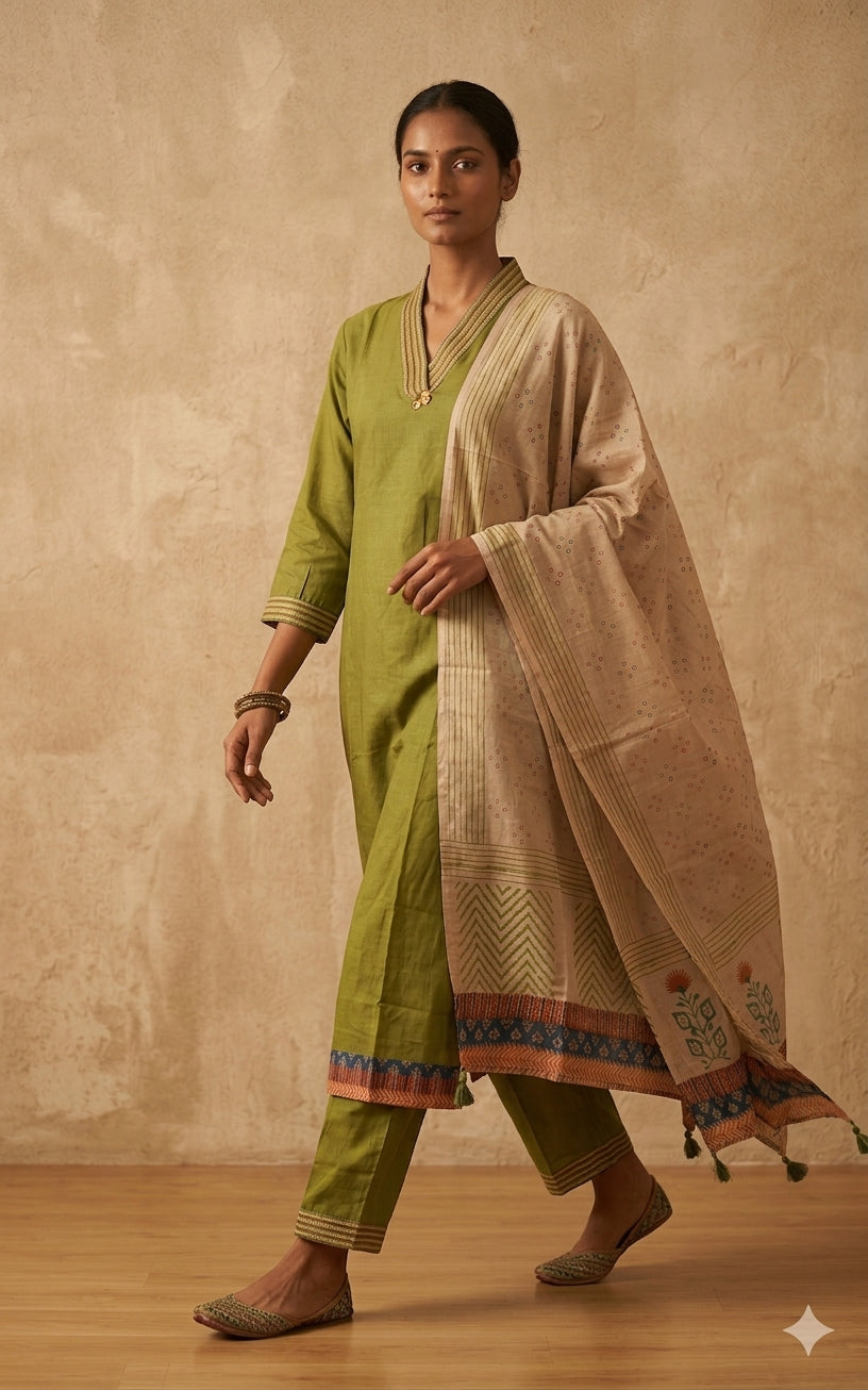 Olive Green Straight Kurta Set with Contrast Dupatta