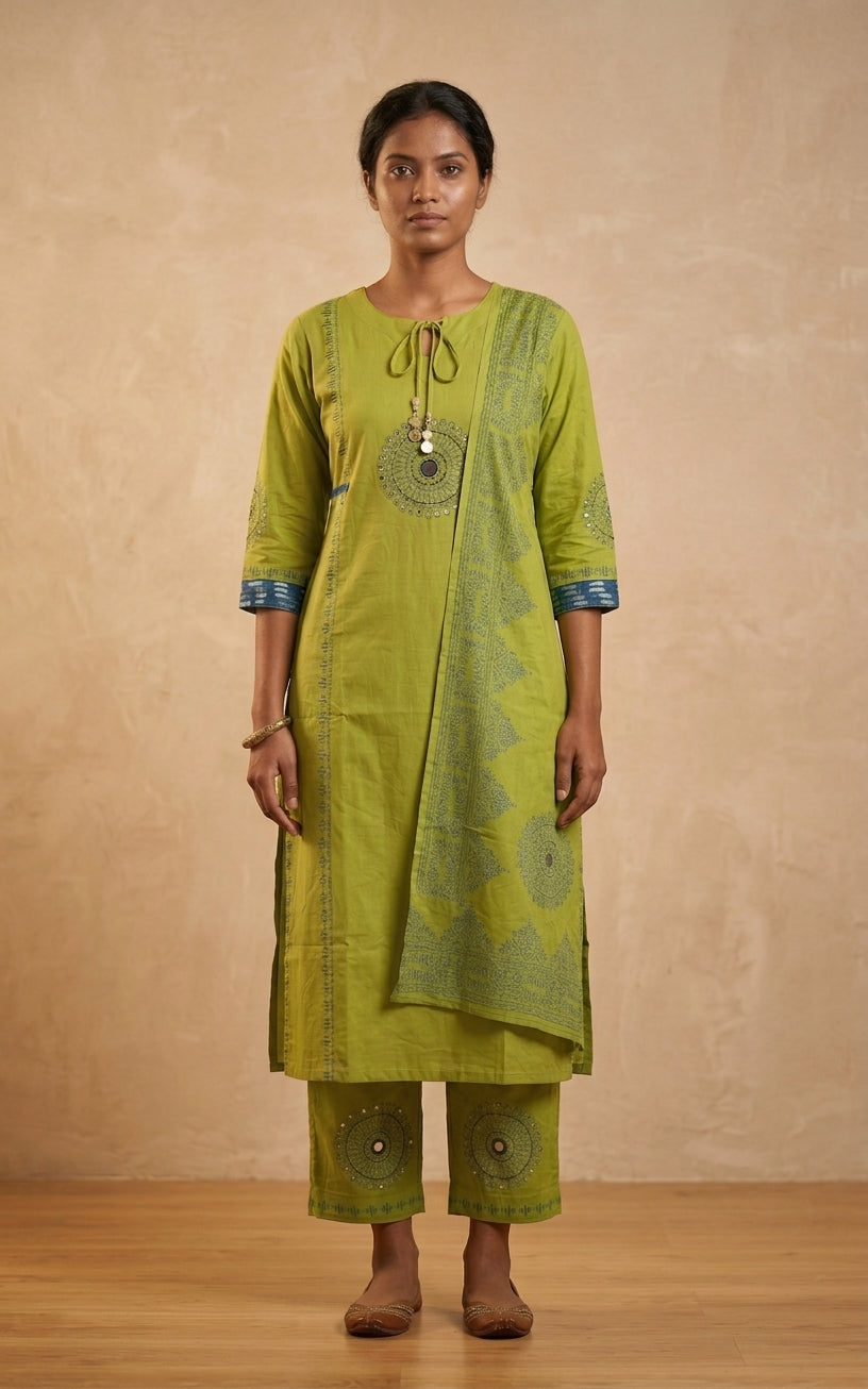 Green Printed Kurta Set with Matching Dupatta
