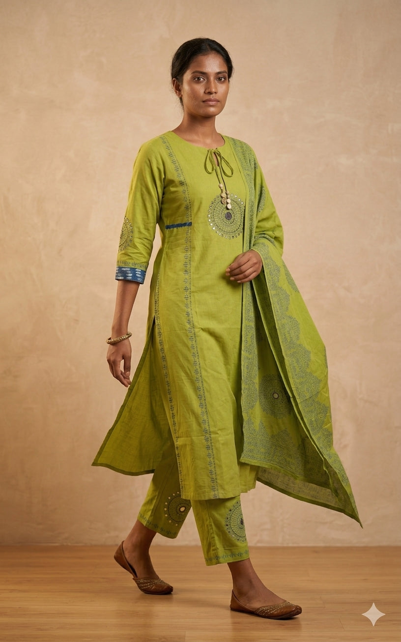 Green Printed Kurta Set with Matching Dupatta