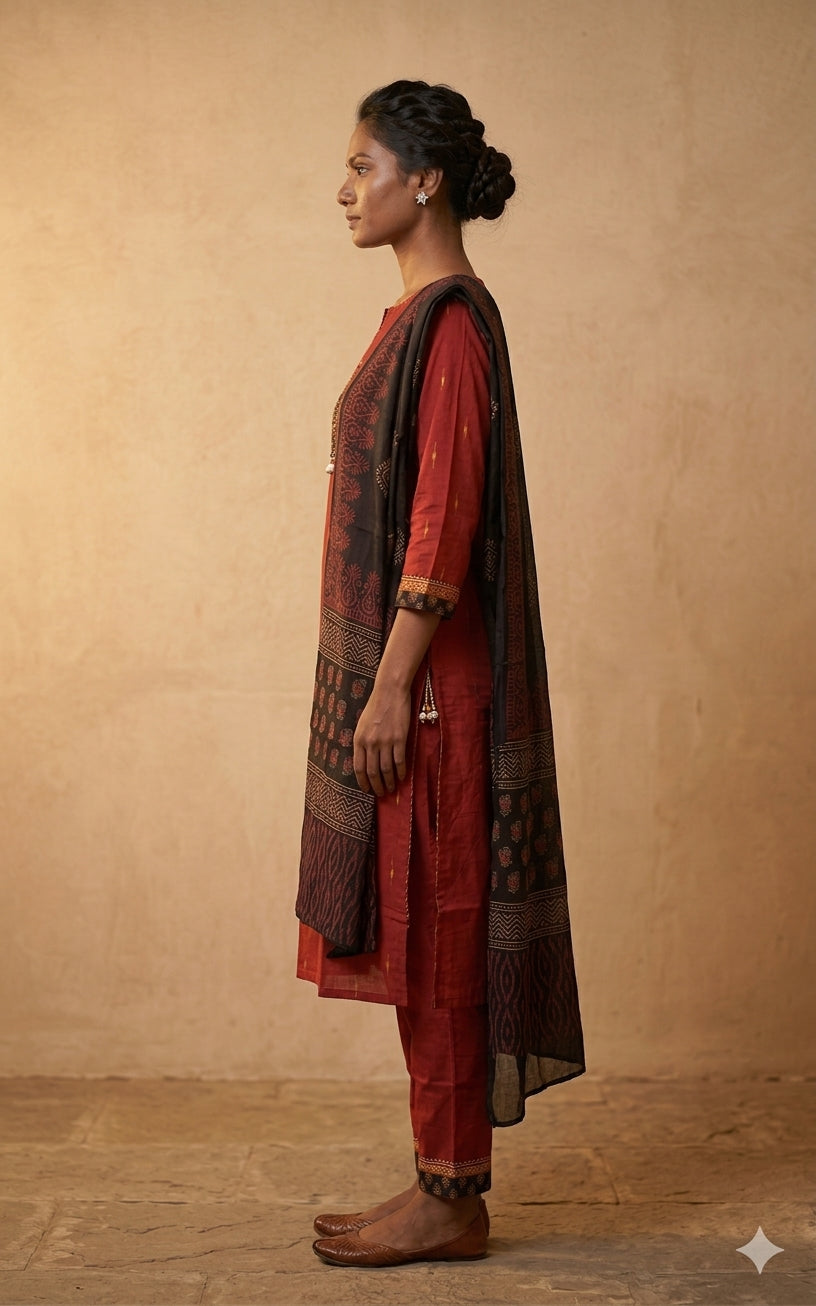 Maroon Ethnic Printed Kurta Set with Dupatta
