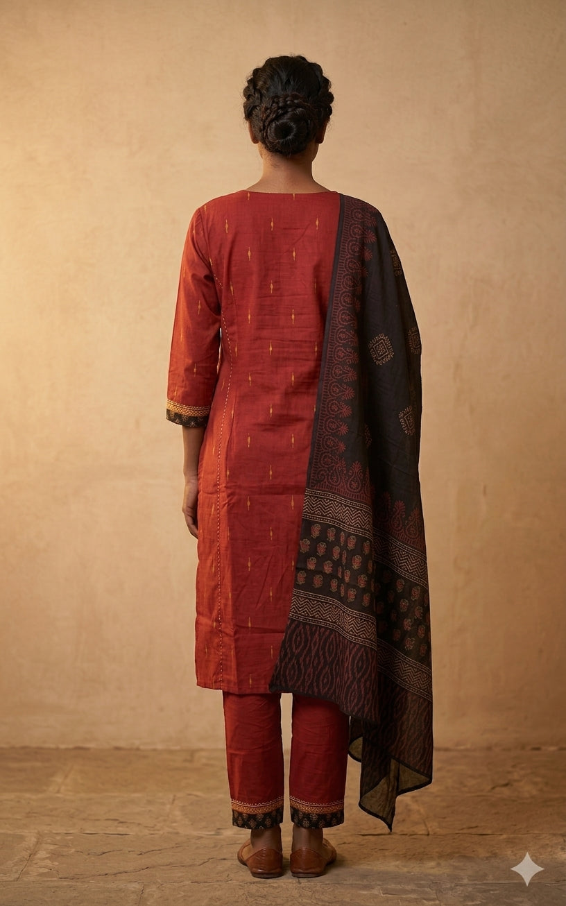 Maroon Ethnic Printed Kurta Set with Dupatta
