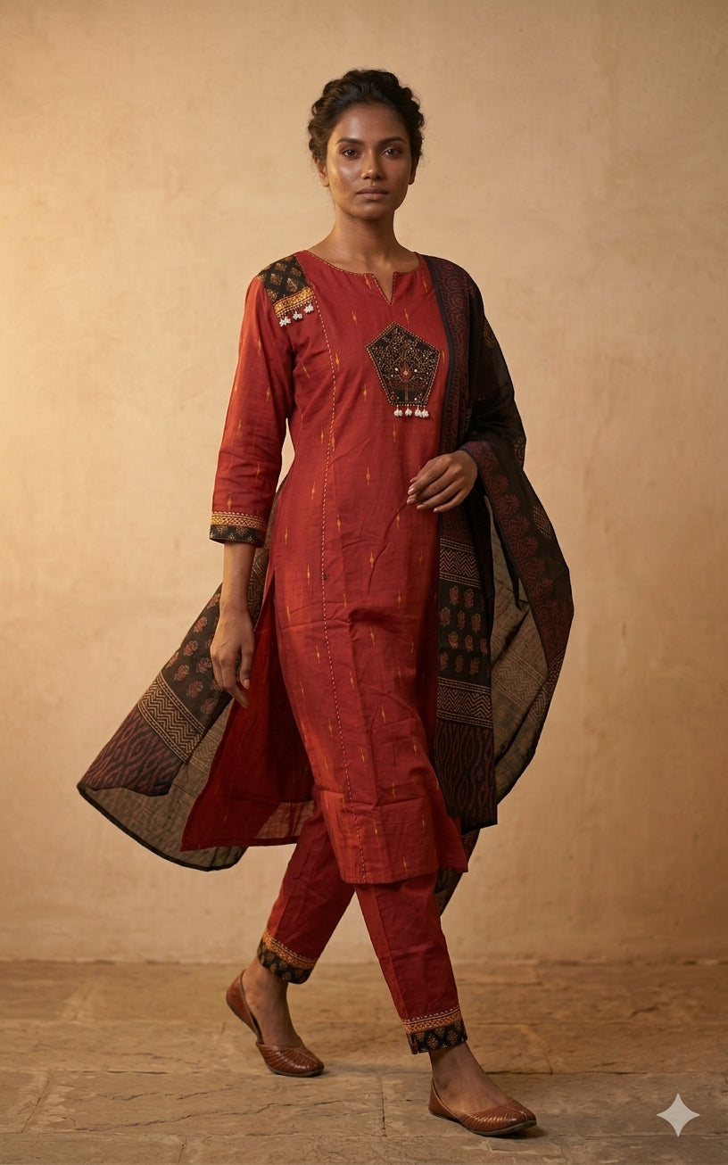 Maroon Ethnic Printed Kurta Set with Dupatta