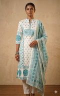White & Blue Printed Cotton Kurta Set with Dupatta