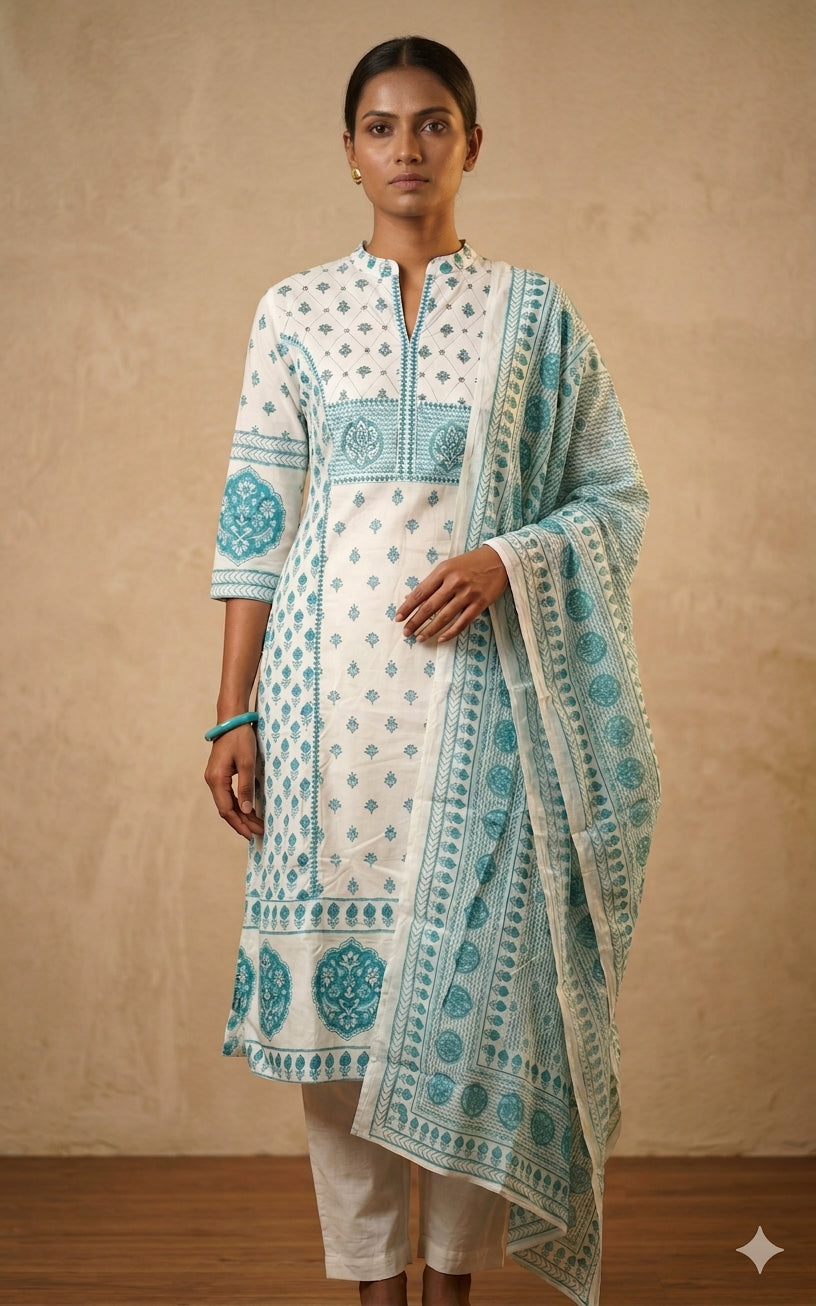 White & Blue Printed Cotton Kurta Set with Dupatta