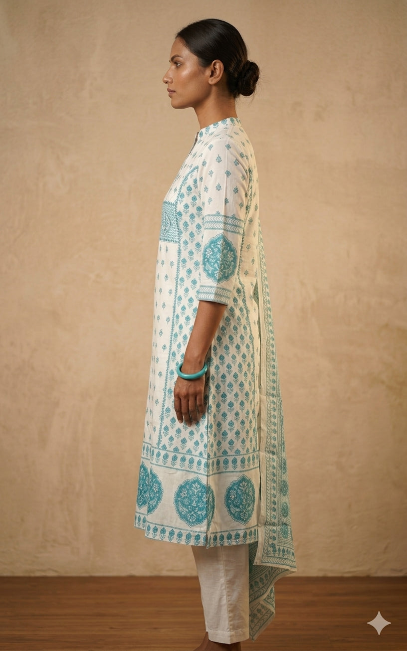White & Blue Printed Cotton Kurta Set with Dupatta