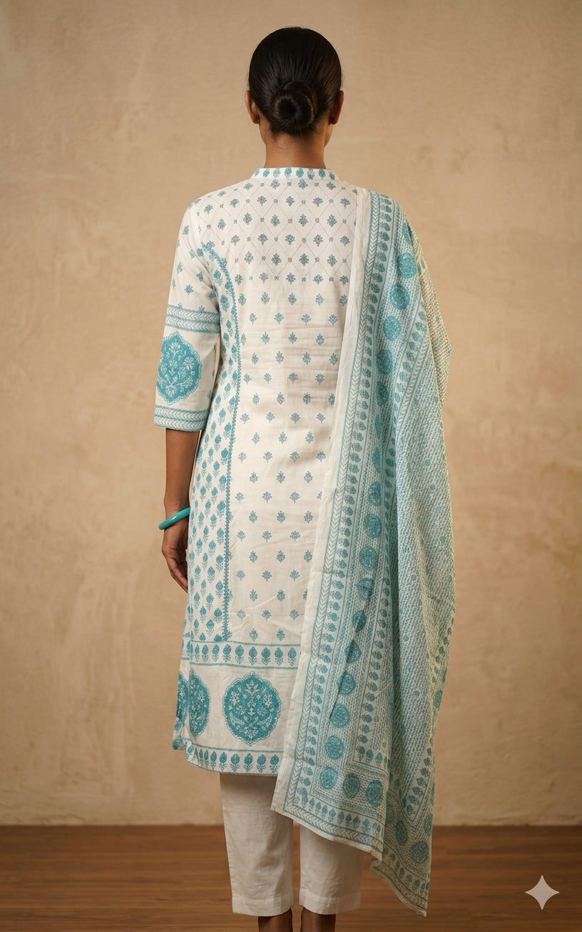 White & Blue Printed Cotton Kurta Set with Dupatta