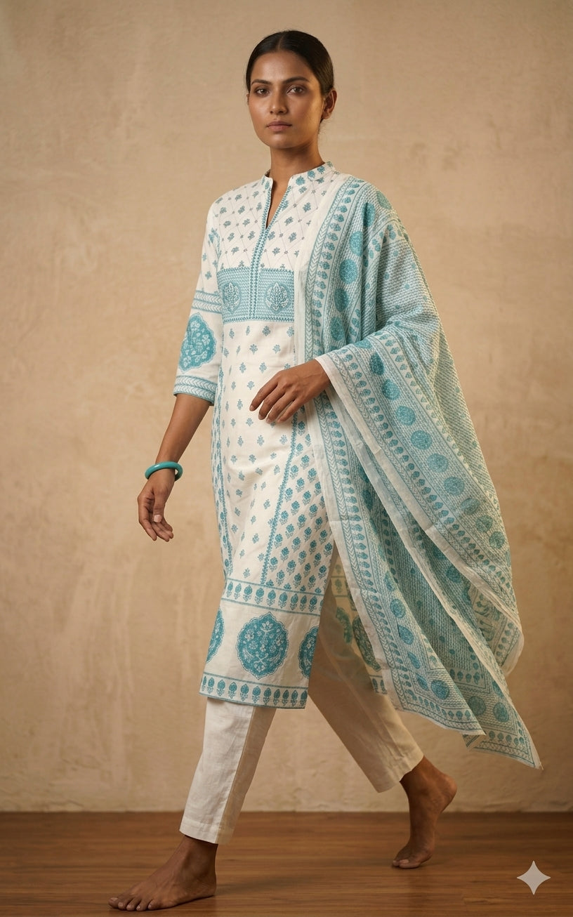 White & Blue Printed Cotton Kurta Set with Dupatta