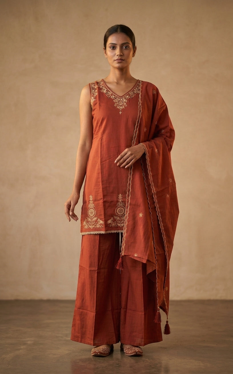 Rust Orange Embroidered Kurta Set with Dupatta