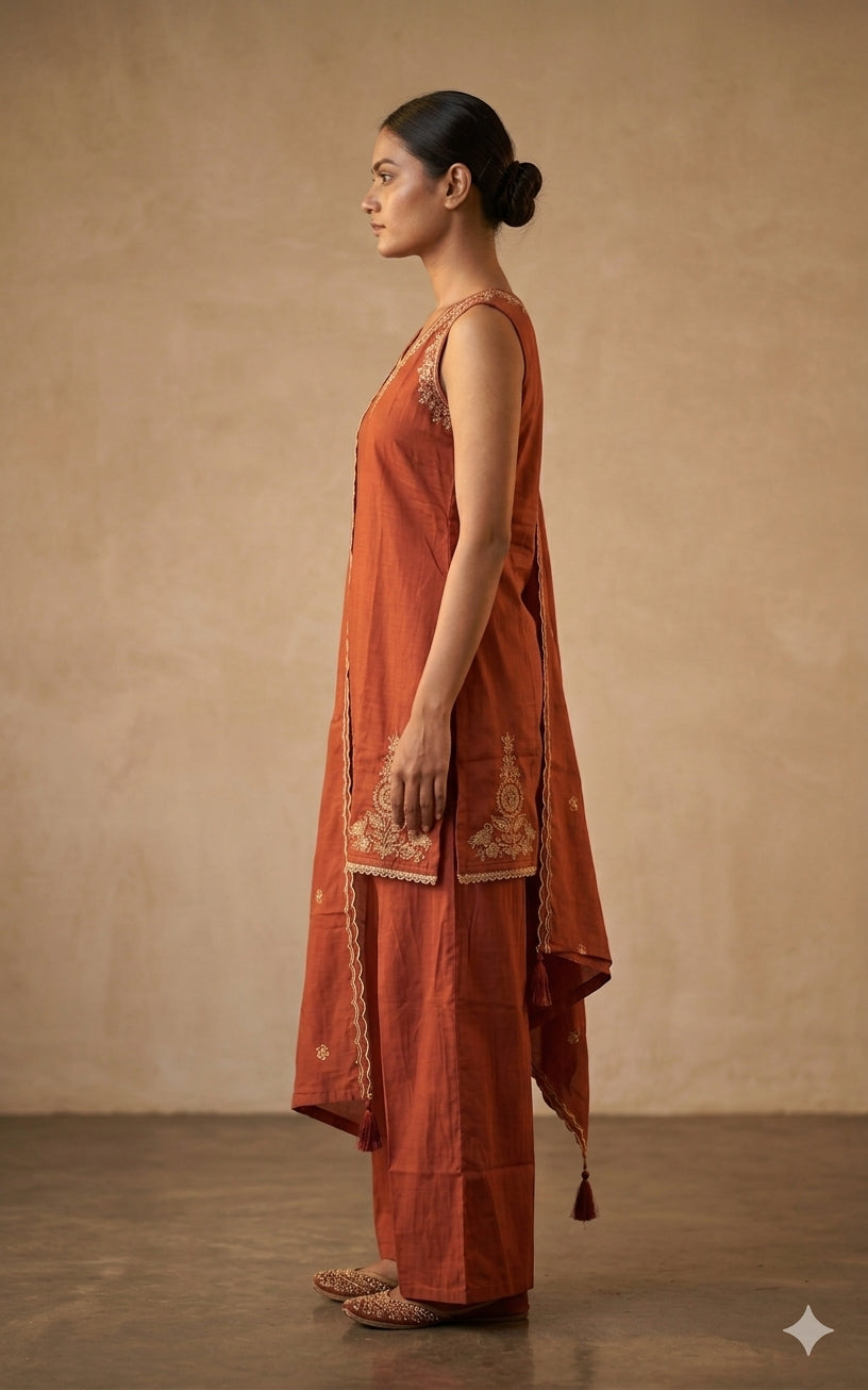 Rust Orange Embroidered Kurta Set with Dupatta