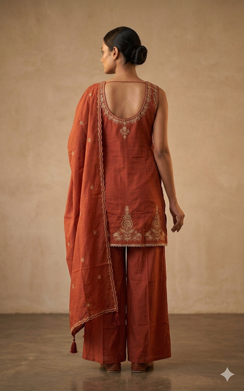 Rust Orange Embroidered Kurta Set with Dupatta