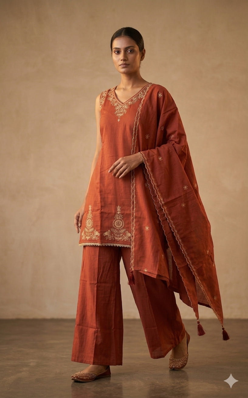 Rust Orange Embroidered Kurta Set with Dupatta