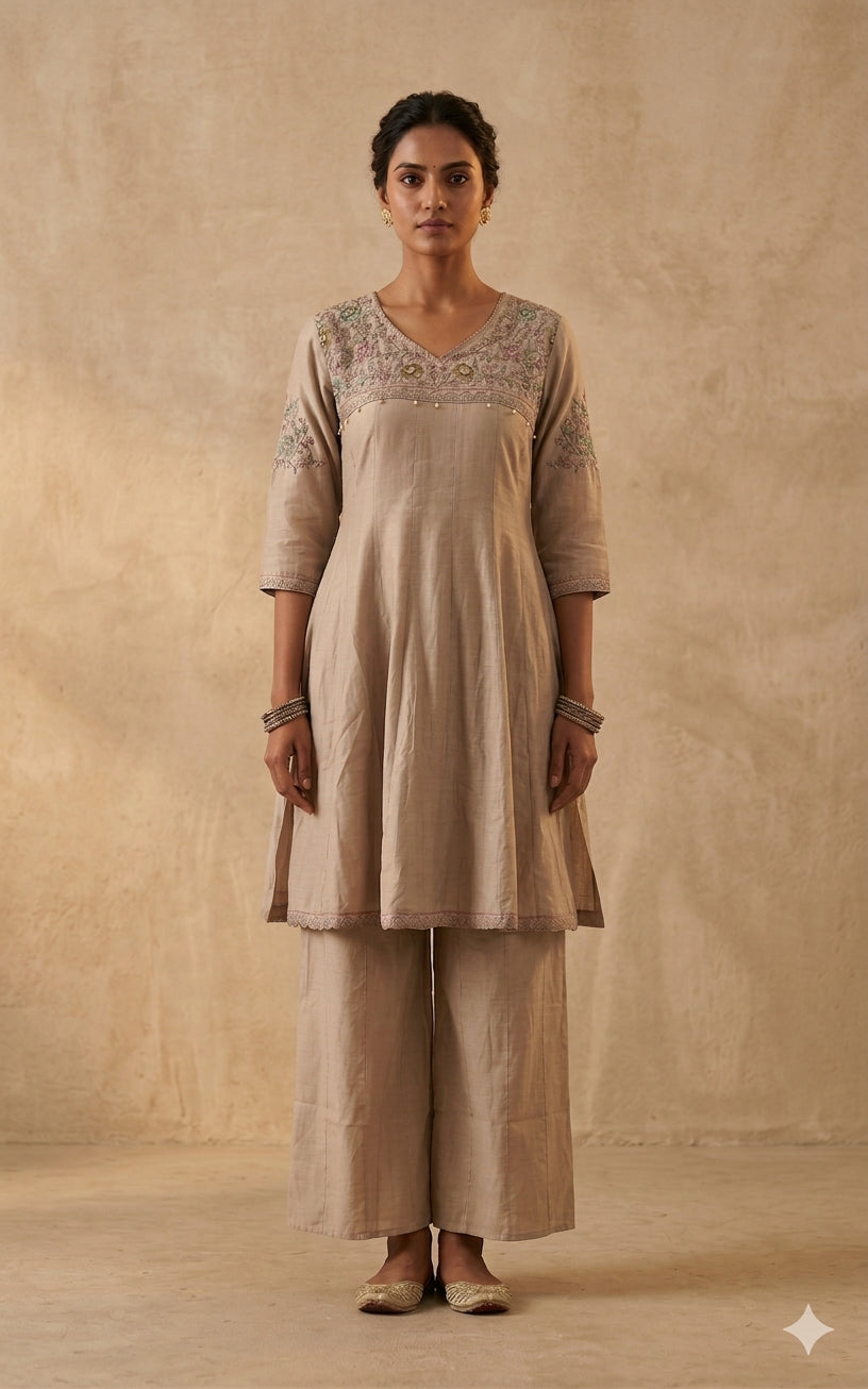 Beige Embroidered Kurta Set with Dupatta