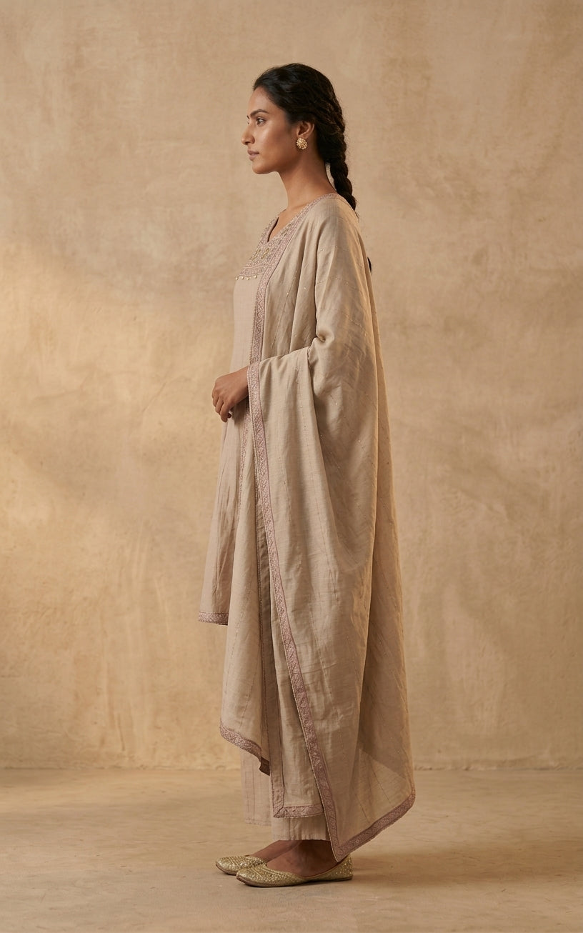 Beige Embroidered Kurta Set with Dupatta