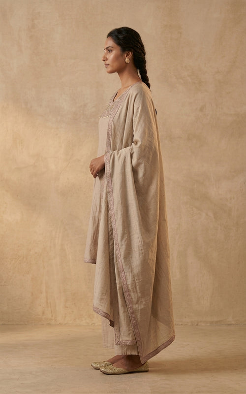 Beige Embroidered Kurta Set with Dupatta