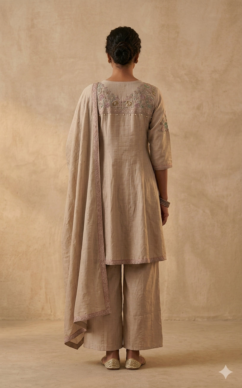 Beige Embroidered Kurta Set with Dupatta