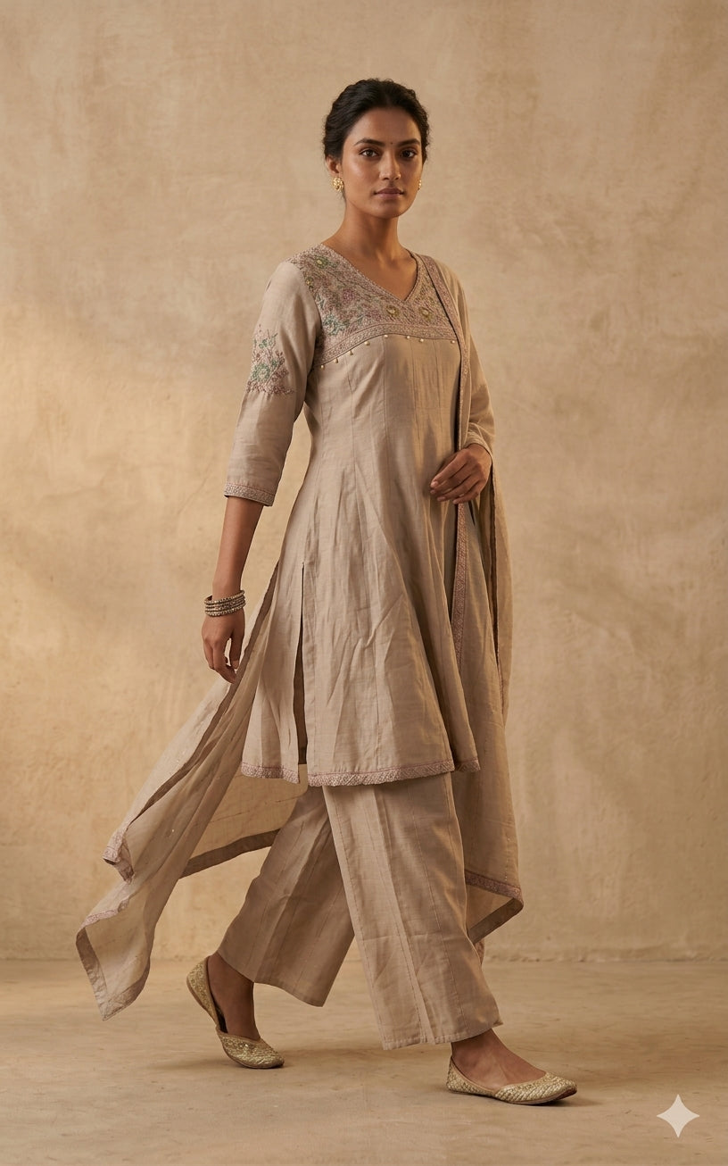 Beige Embroidered Kurta Set with Dupatta