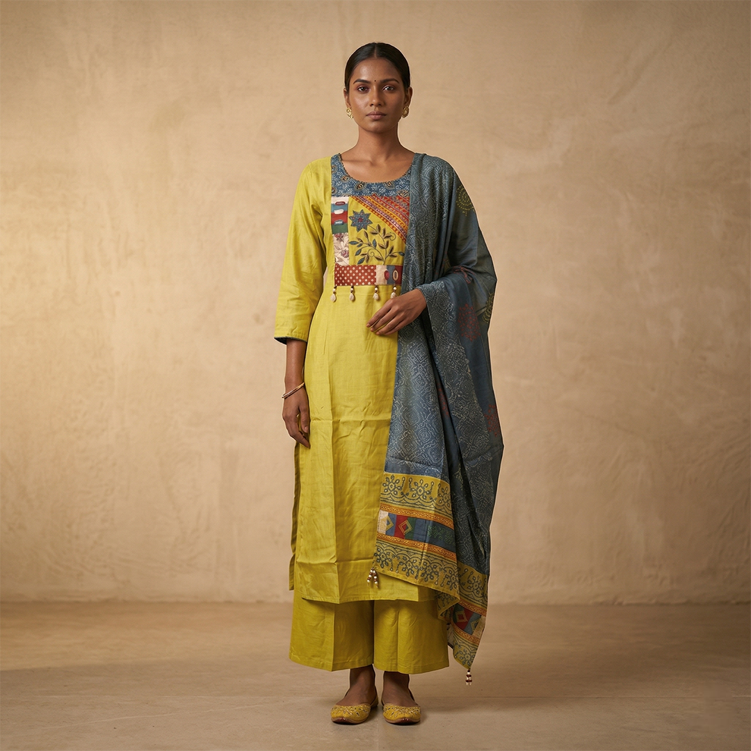 Yellow Kachi work Cotton Suit Set with Dupatta